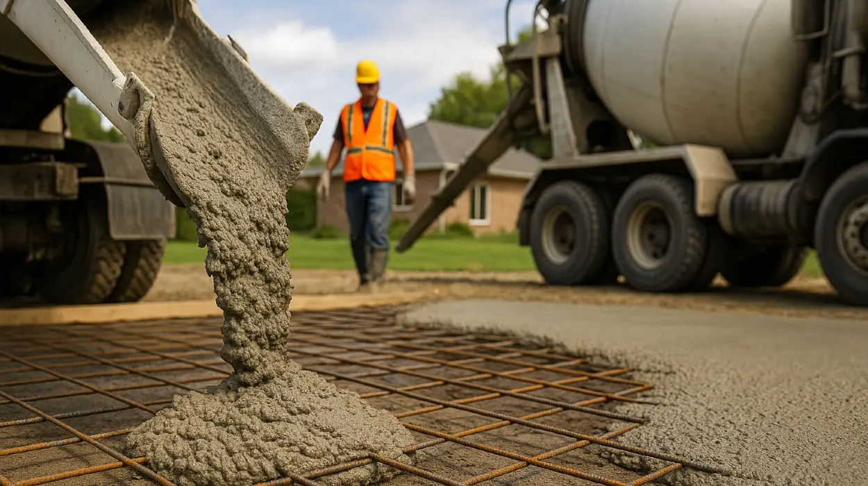 Cement truck pouring cement on a rebared ground from DHB Concrete Contractor Fort Worth in Arlington, TX - Arlington TX
