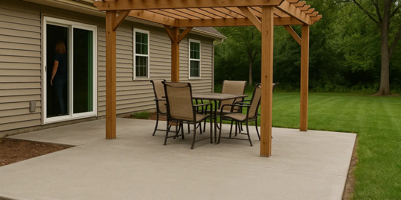 a concrete patio with a pergola from DHB Concrete Contractor Fort Worth in Fort Worth, TX - Commercial Concrete Repair