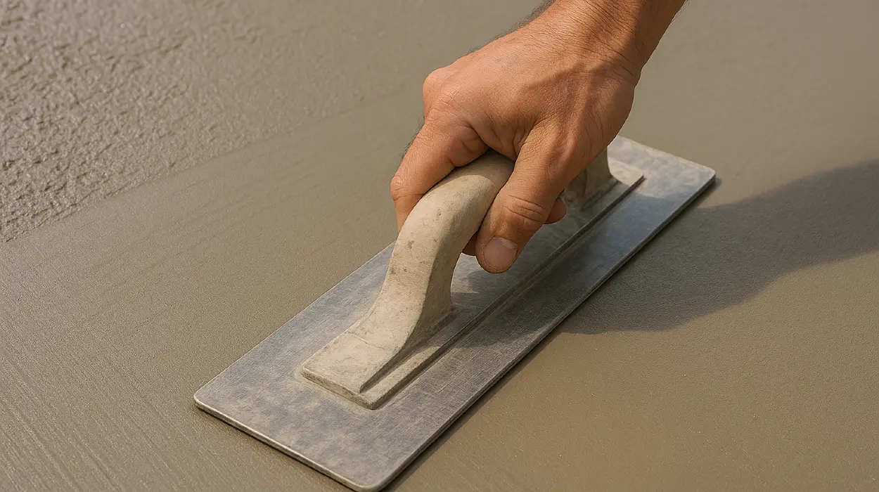 a hand trowel being used on a fresh cement slab to smooth it from DHB Concrete Contractor Fort Worth in Fort Worth, TX - Concrete Patio Services