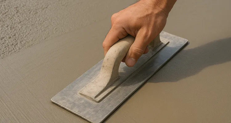 a hand trowel being used on a fresh cement slab to smooth it from DHB Concrete Contractor Fort Worth in Fort Worth, TX - Concrete Patio Services