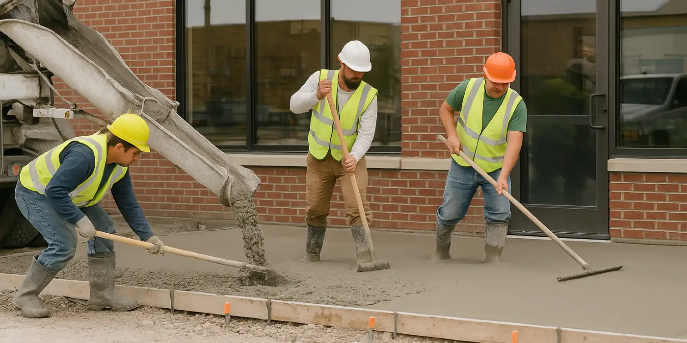 3 concrete contractors spreading concrete on the ground for a sidewalk from DHB Concrete Contractor Fort Worth in Fort Worth, TX - Concrete Walkway Building