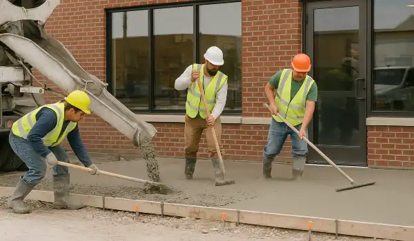 3 concrete contractors spreading concrete on the ground for a sidewalk from DHB Concrete Contractor Fort Worth in Fort Worth, TX - Concrete Walkway Building