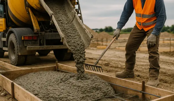 a concrete truck pouring cement on a concrete form from DHB Concrete Contractor Fort Worth in Dallas, TX - Dallas TX