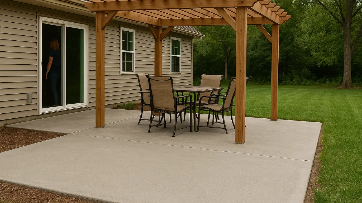 a concrete patio with a pergola from DHB Concrete Contractor Fort Worth in Denton, TX - Denton TX