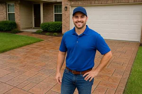 a concrete contractor smiling at the camera with stamped concrete behind him from DHB Concrete Contractor Fort Worth in Fort Worth, TX - Driveway Replacement