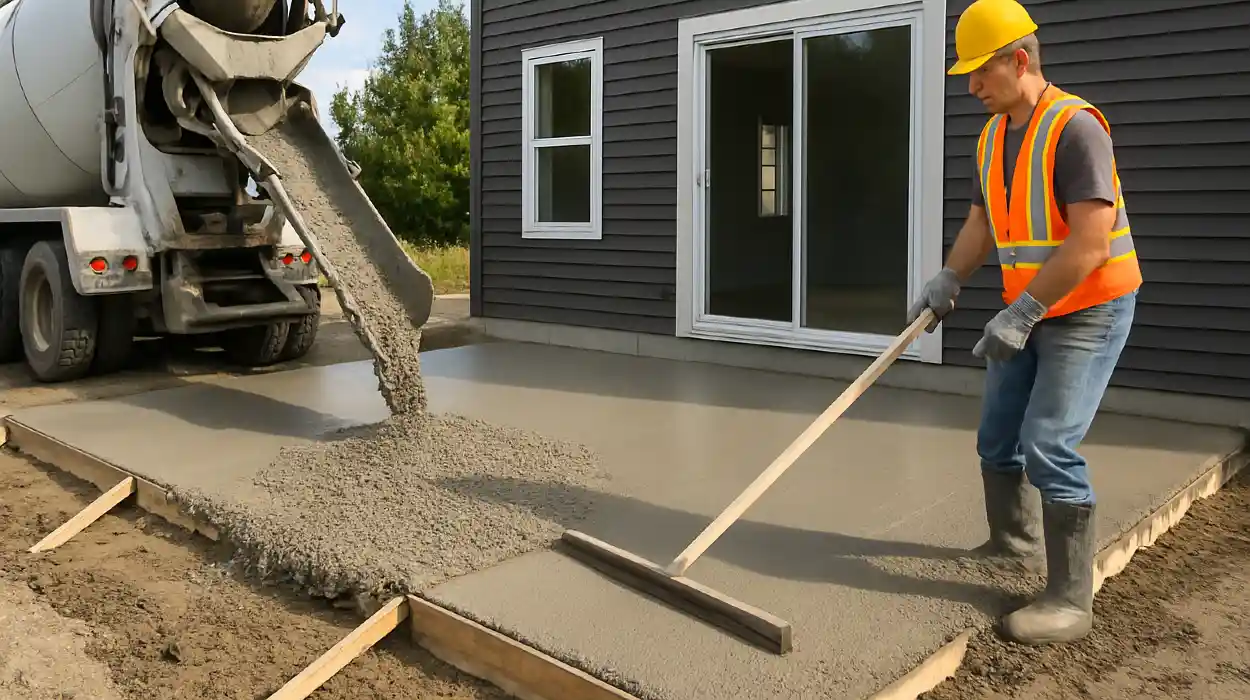 a man spreading the cement a truck is pouring to build a patio from DHB Concrete Contractor Fort Worth in Forest Hill, TX - Forest Hill TX