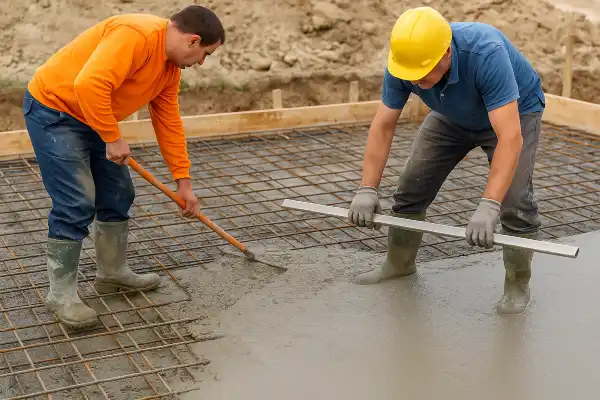 2 workers spreading fresh cement on a rebared ground from DHB Concrete Contractor Fort Worth in Keller, TX - Keller TX