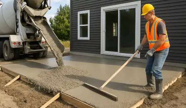 a man spreading the cement a truck is pouring to build a patio from DHB Concrete Contractor Fort Worth in Fort Worth, TX - Parking Lot Concrete Building