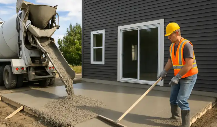 a man spreading the cement a truck is pouring to build a patio from DHB Concrete Contractor Fort Worth in Fort Worth, TX - Parking Lot Concrete Building