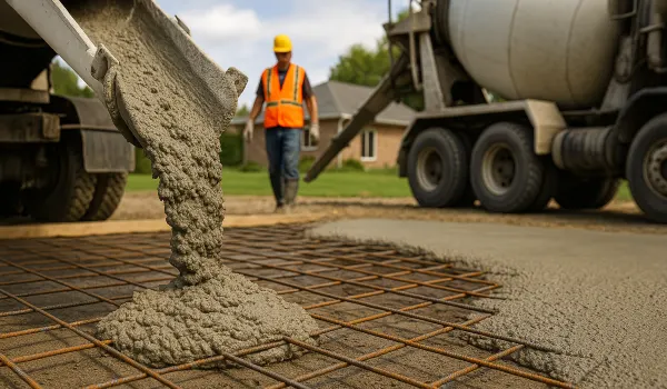 Cement truck pouring cement on a rebared ground from DHB Concrete Contractor Fort Worth in Fort Worth, TX - stamped concrete services
