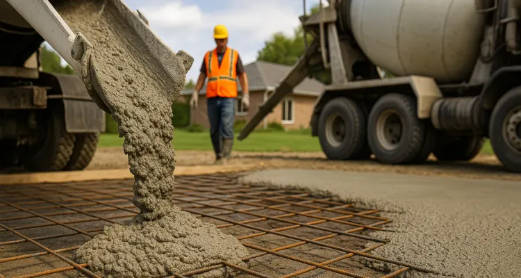 Cement truck pouring cement on a rebared ground from DHB Concrete Contractor Fort Worth in Fort Worth, TX - stamped concrete services